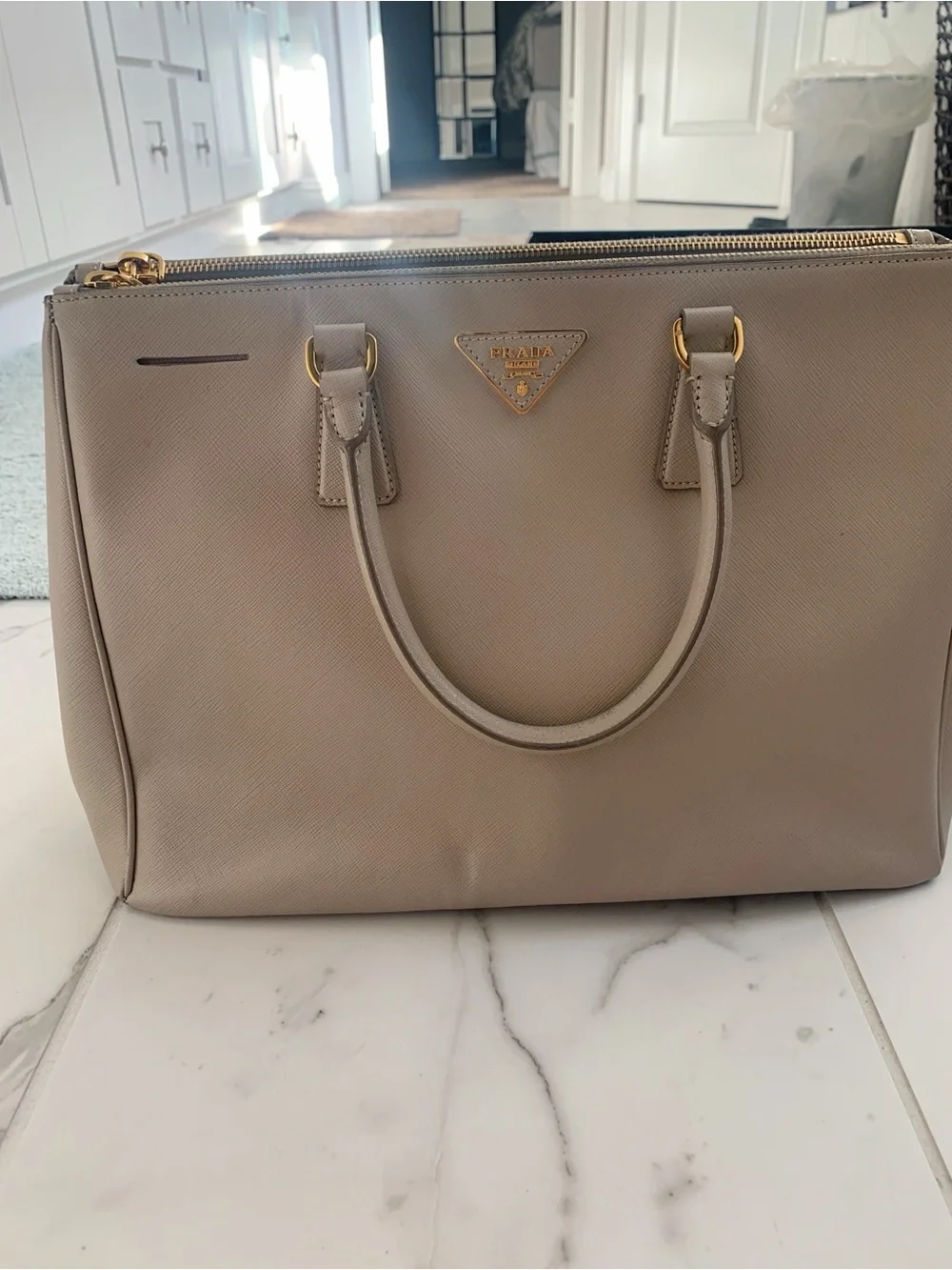 Prada Taupe Saffiano Leather Satchel with Gold Hardware